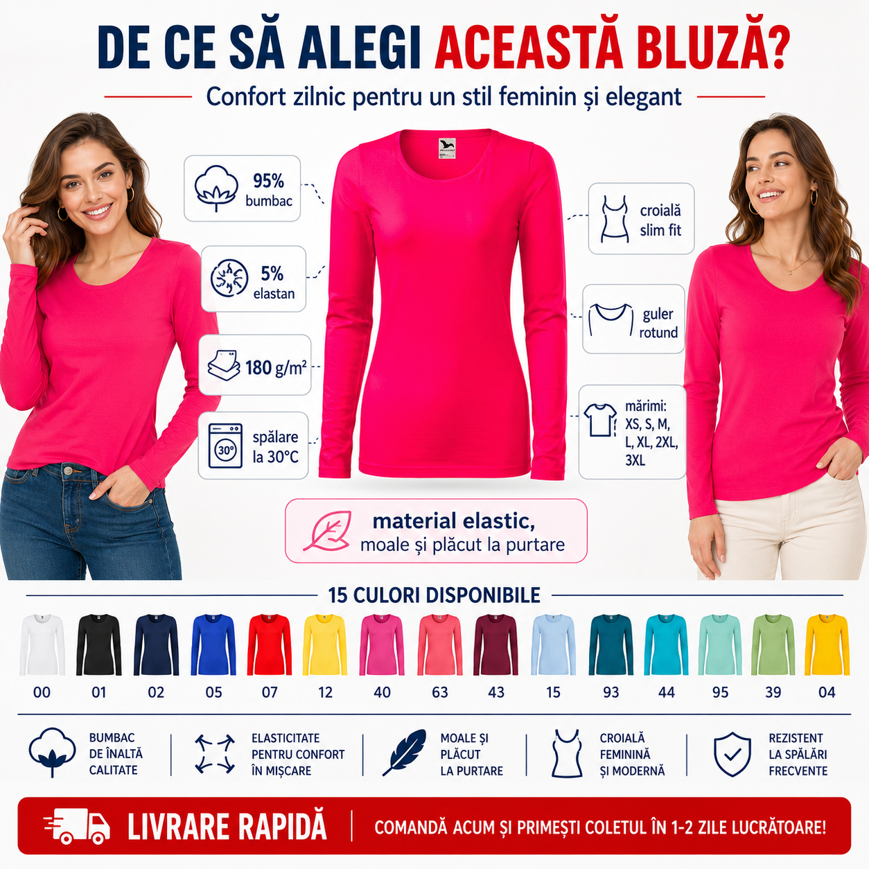 Bluză damă slim cu m&acirc;necă lungă, 95% bumbac, 5% elastan, 180 g/m&sup2;, guler rotund și mărimi XS-3XL